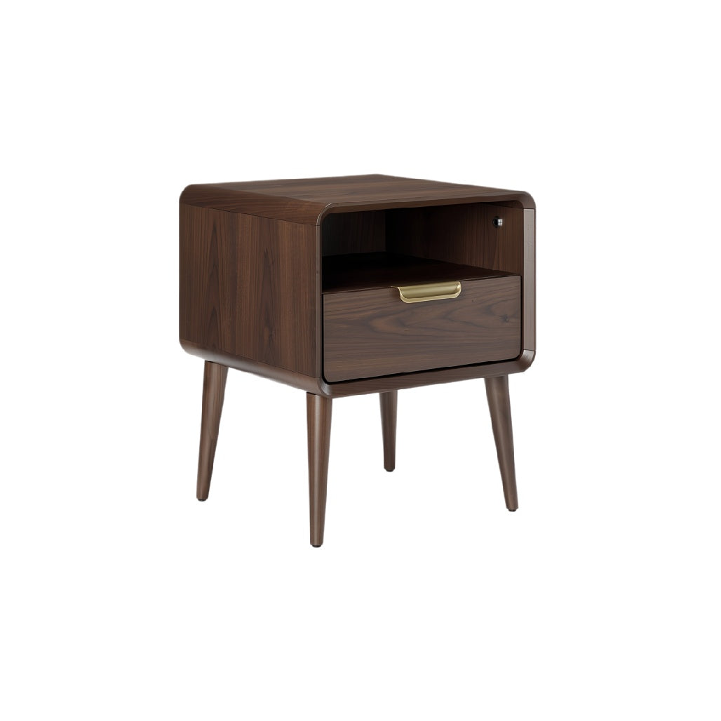 Mid-Century Modern Walnut Nightstand with Drawer and Open Shelf