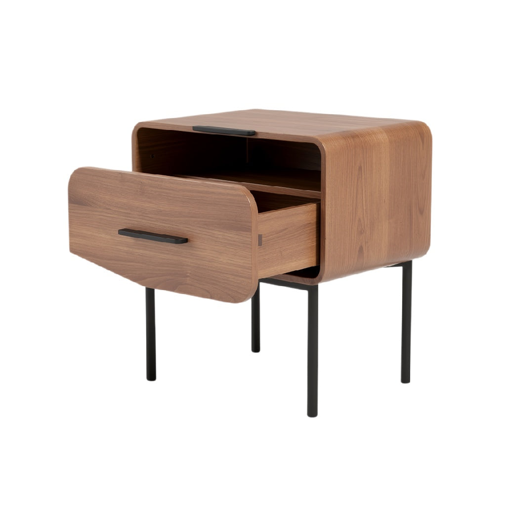 Modern Wooden Nightstand with Open Storage and Metal Legs